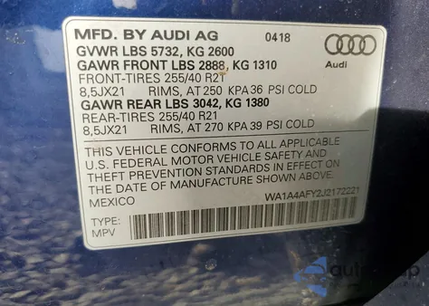 2018 Audi Sq5 Premium Plus z USA, uszkodzony, nr VIN WA1A4AFY2J2172221